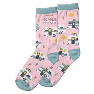 Karma Women's Novelty Crew Socks Retro Camper I Go Where I'm Towed Pink - NWT